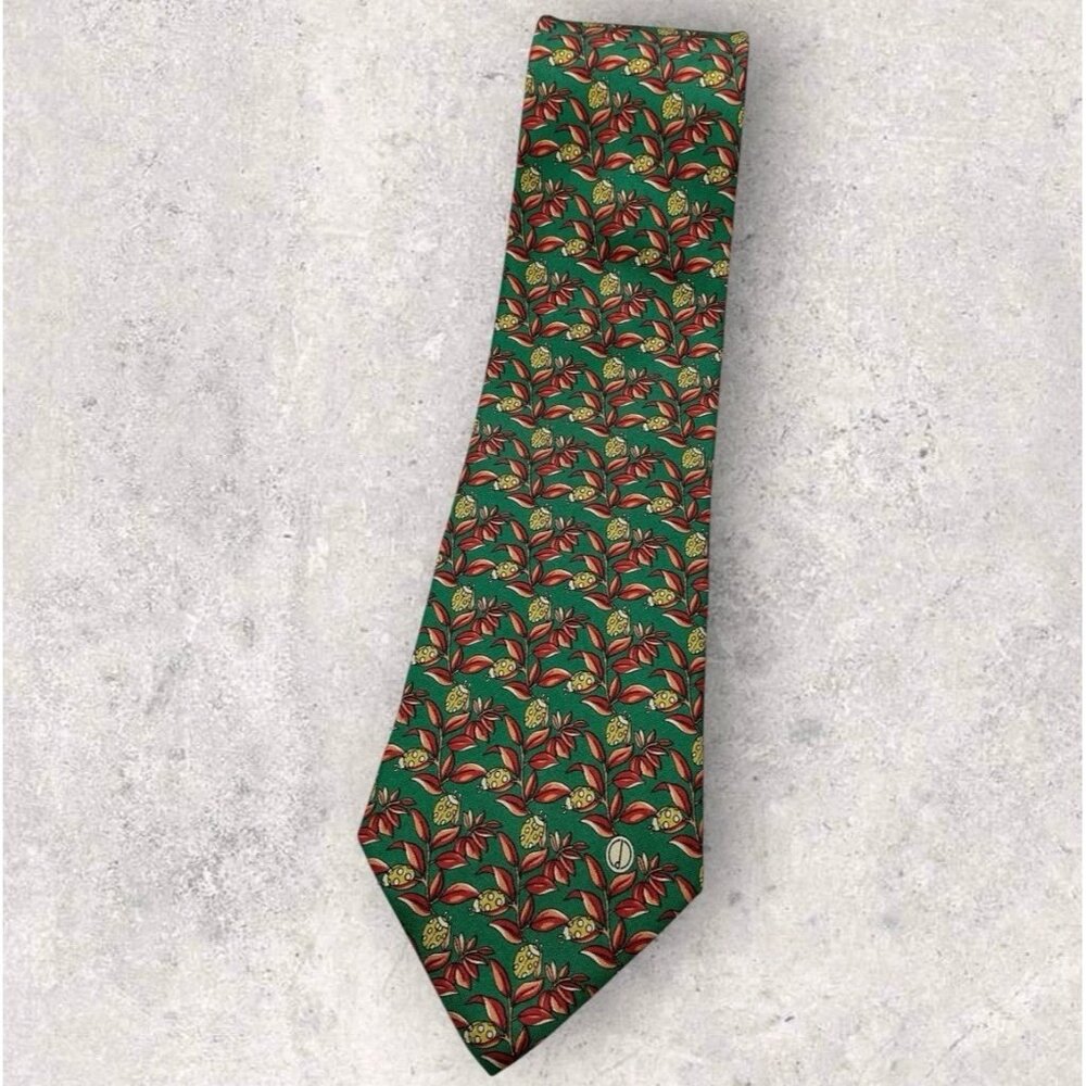 DUNHILL Silk Tie ITALY Green Brown Yellow Beetle Leaf Logo W:3.8" EUC